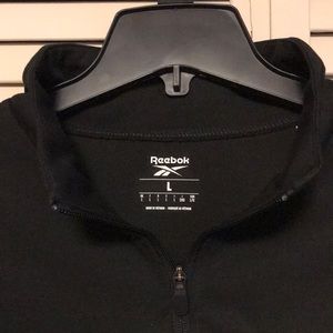 Reebok 1/4 zip pullover, white stripes and logo, full front pouch, elastic wrist